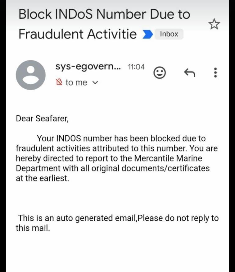 dgshipping_IN's tweet photo. DG Shipping has blocked INDOS nos. of 102 seafarers due to reported fraudulent activities in obtaining COC / COP’s and such seafarers have been issued automated email messages through DGS EGovernance to report to DGS/MMD with original documents for verifications. https://t.co/5aVSLKTA6B