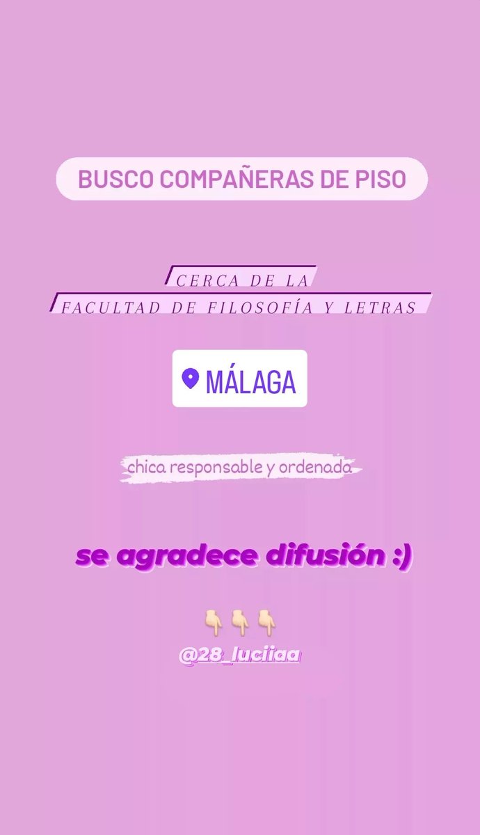 busco compañeras de piso cerca de la facultad de filosofía y letras en málaga, chica responsable y ordenada

se agradece difusión, ig: 28_luciiaa :) 

#Malaga #uma #pisosuma #cotilleosuma
