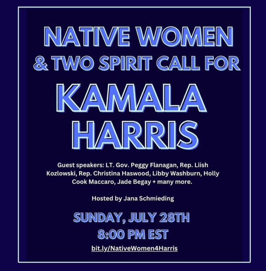 Native Women and Two Soirit Call For Kamala Harris Sun July 28th 8pm. <a href="/KamalaHarris/">Kamala Harris</a> 

docs.google.com/forms/d/e/1FAI…
