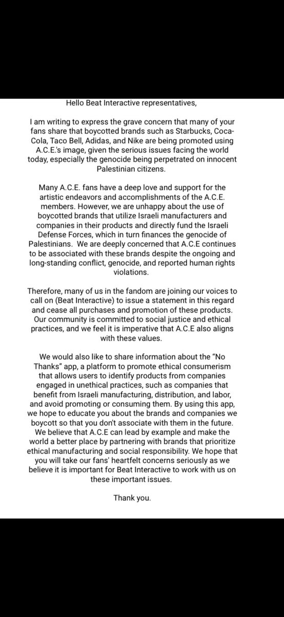 ChoicexACE2017's tweet image. Here is an English and Korean letter we can try to email. Thank you @mellon2011 for translating! 

@BEATINT0505 @official_ACE7 please read this and take action. 
#BEATINT_BOYCOTTS_GENOCIDE
#에이스_초이스_보이콧_제노사이드