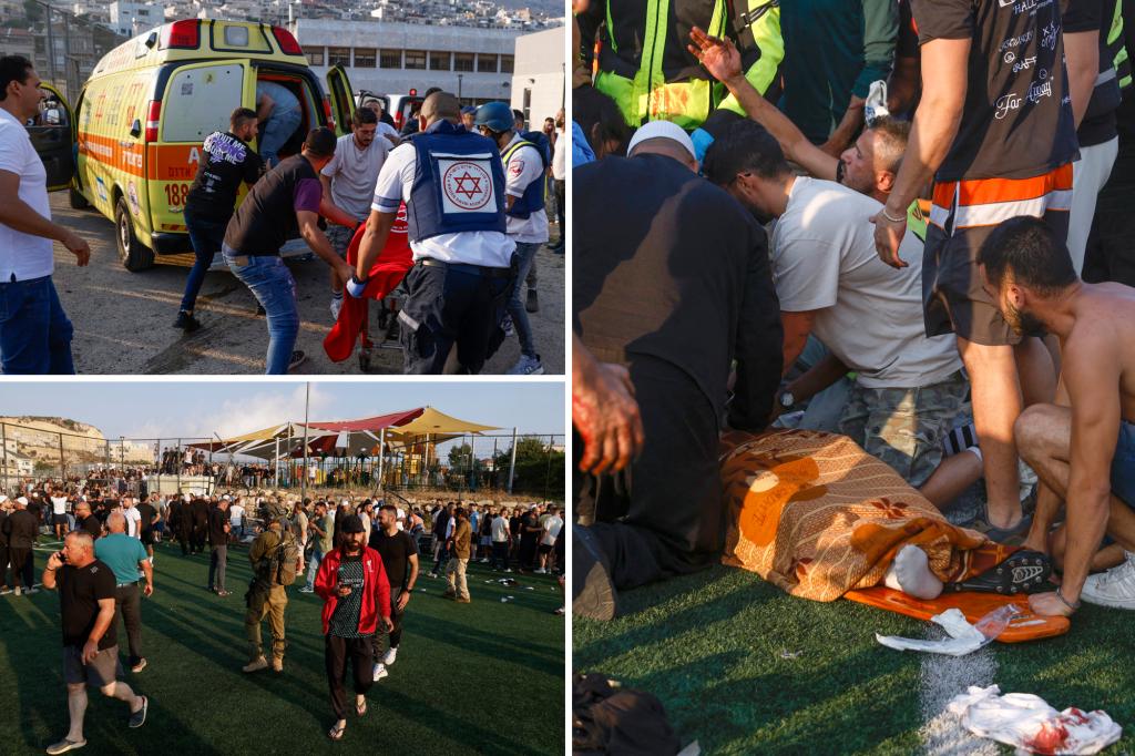 nypost's tweet image. At least 10 dead, including several children, after Hezbollah rocket strikes Israeli playground in deadliest attack since Oct. 7 trib.al/f3IRm9o