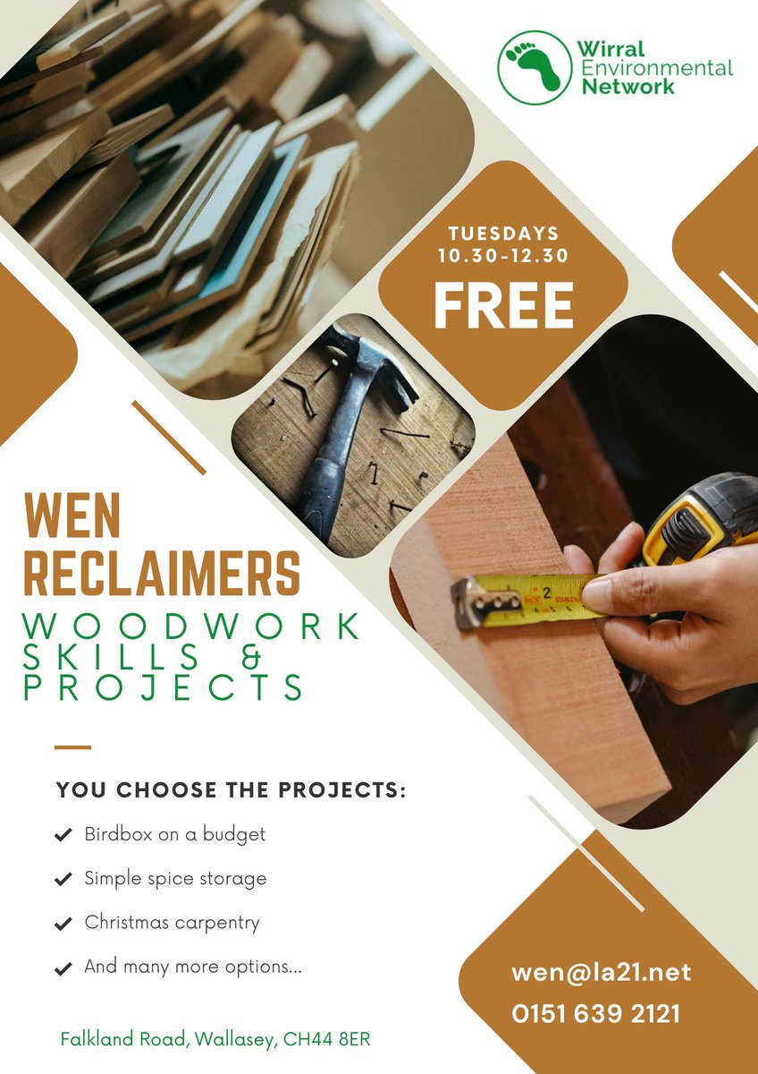 EcoWirral's tweet photo. WEN Reclaimers
Tuesdays, 10.30am-12.30pm

The WEN Reclaimers group will be restarting in September to reuse donated wood in carpentry projects e.g. planters, bird boxes, bird tables and Christmas decorations.

Free but donations are appreciated.

Email wen@la21.net to join. https://t.co/VplQybFCkh