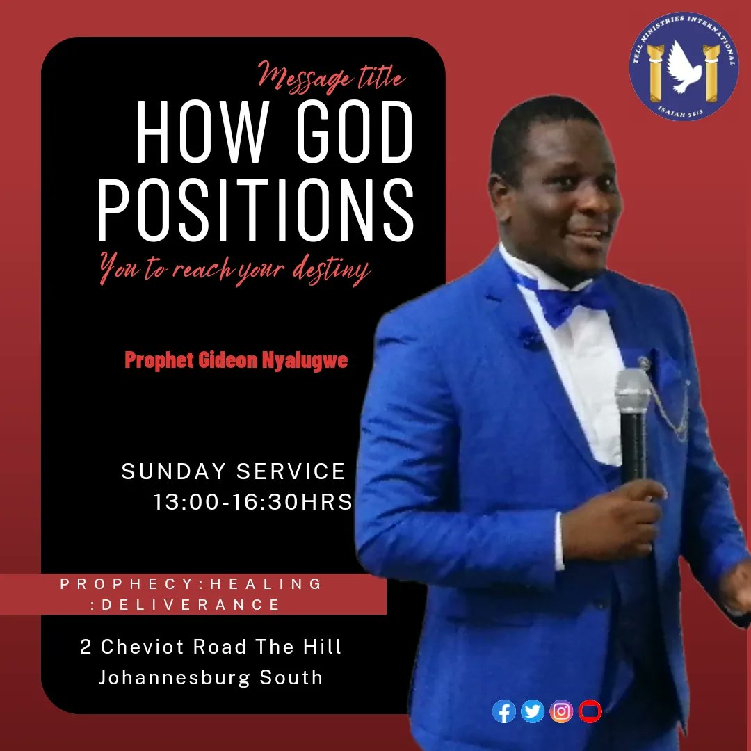GideonNyalugwe's tweet image. Sunday main service @13:00-14:30pm
How God positions you to reach your destiny
Prophet Gideon Nyalugwe
The house of hope where your hope is rekindled
Come and worship with us this Sunday and witness the Lord at work into your life. #2024 #fyp2024 #fypシ゚viralシfypシ゚