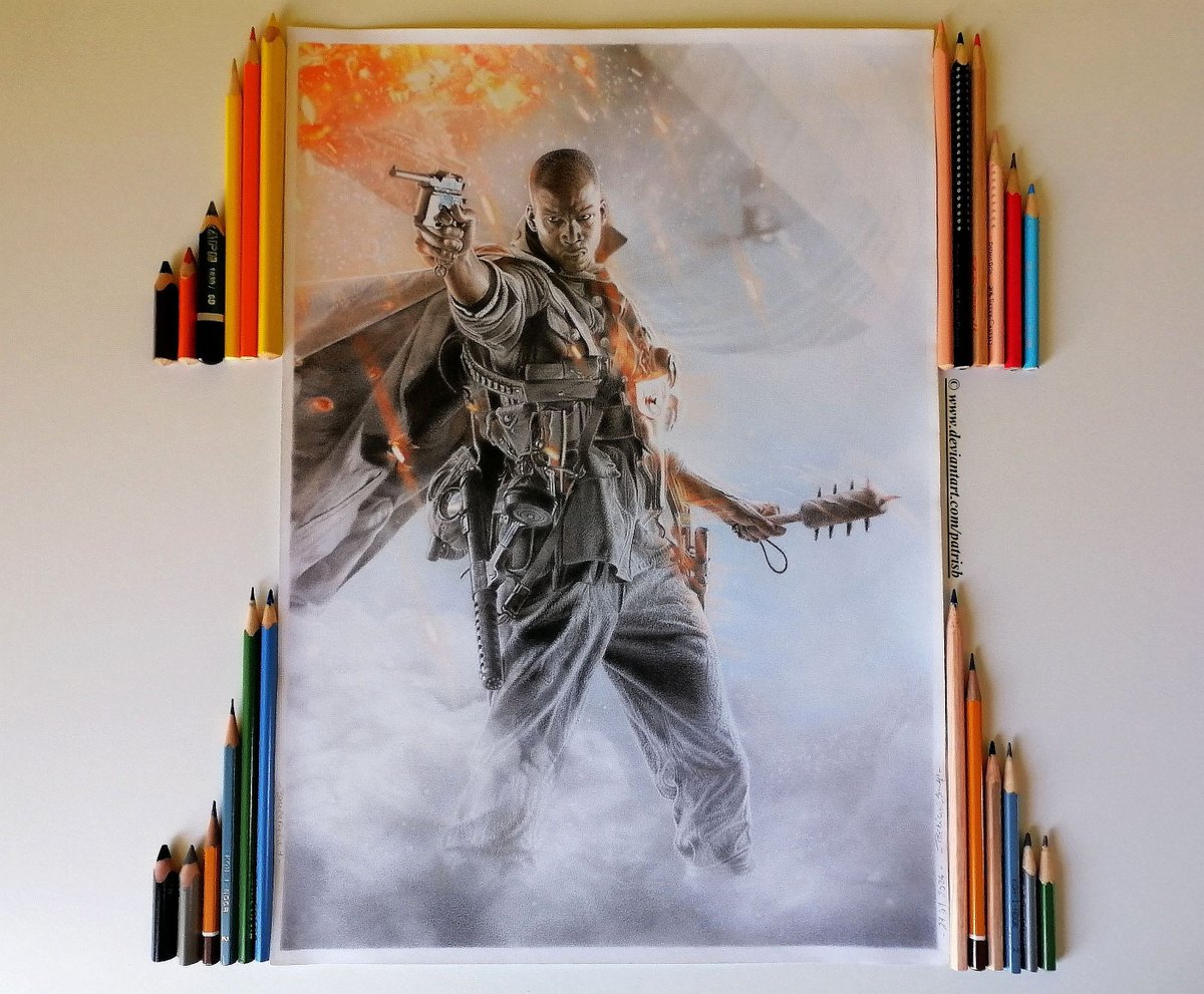 Battlefield 1 (game <a href="/Battlefield/">Battlefield</a> by <a href="/EA_DICE/">DICE</a>)

- size: A3, pencils (from Koh-i-noor Hardtmuth) and colourpencils (from Koh-i-noor Hardtmuth, GaberCastell and Herlitz)

© 2024 PatrisB (Patrícia Bombarová)

#drawing #battlefield1 #eadice #portrait #traditionalart #pencil #kresba
