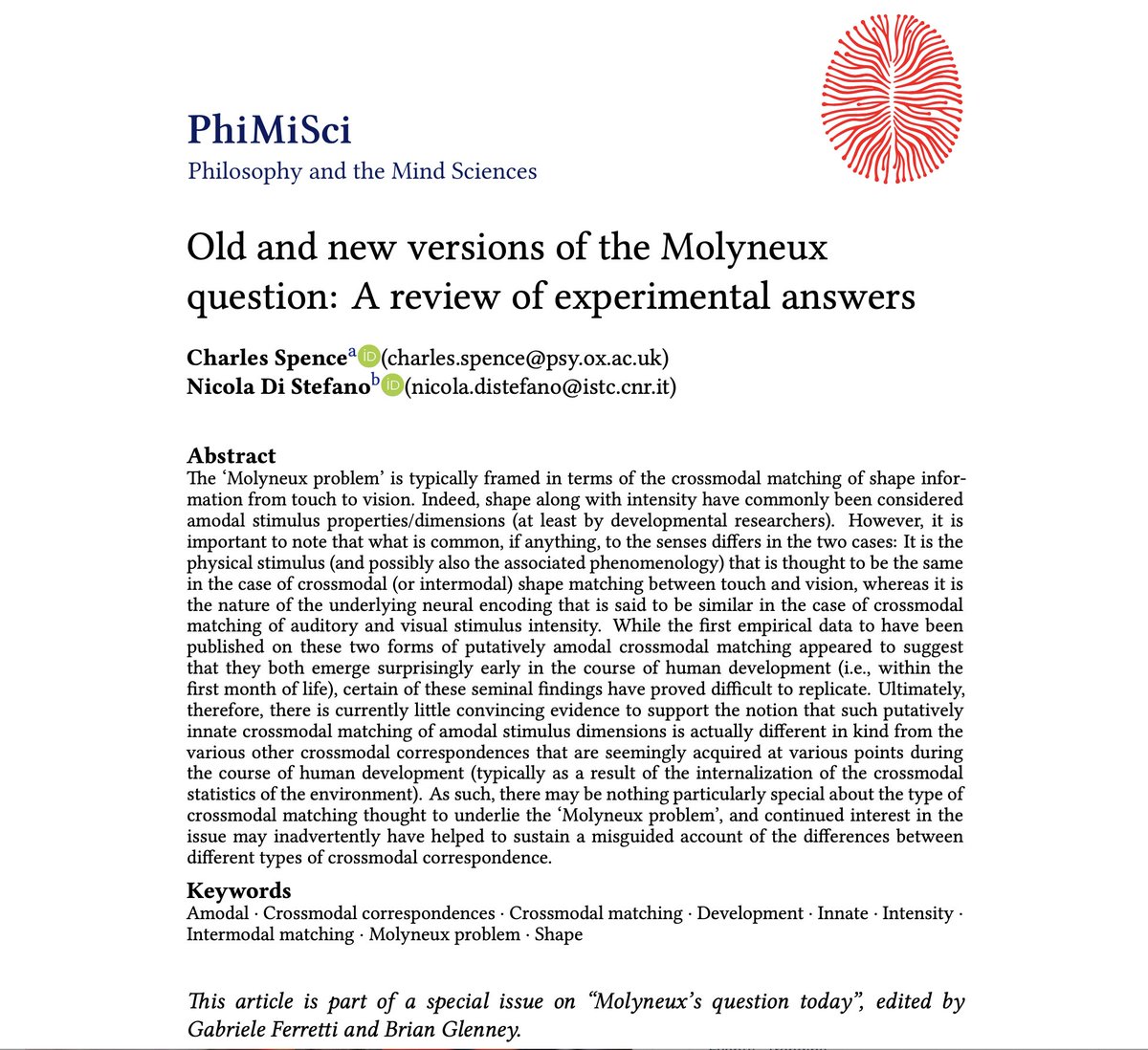 Just out: Spence and Di Stefano discuss experimental work on the "New Molyneux Question" in our Special Issue: Molyneux's Question Today @PhiMiSci (Open Access) philosophymindscience.org/index.php/phim…
