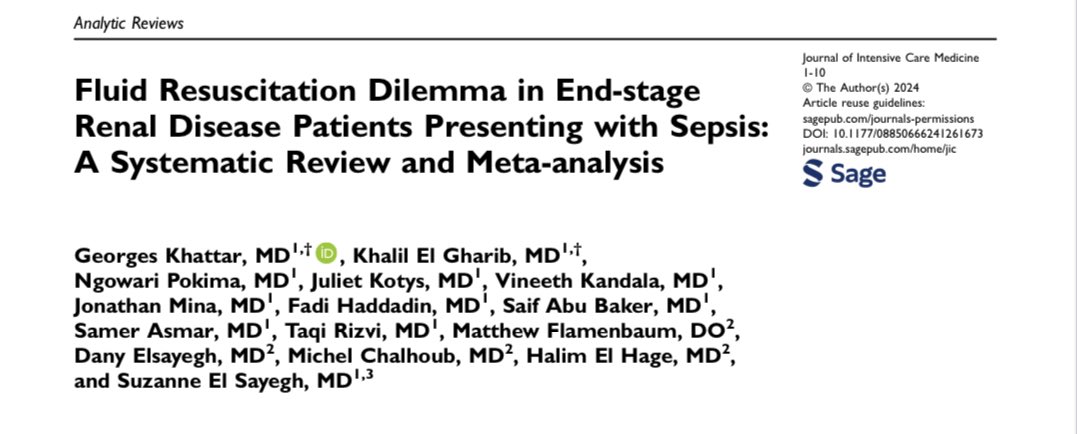 Should we aim for goal- directed or conservative fluid resuscitation in ESRD patients presenting with sepsis? 
Our meta-analysis and systematic review article is out! 🎉 <a href="/Jointensivemed/">Journal of Intensive Medicine</a> <a href="/SageClinMed/">Sage Clinical Med</a> 

journals.sagepub.com/doi/10.1177/08…