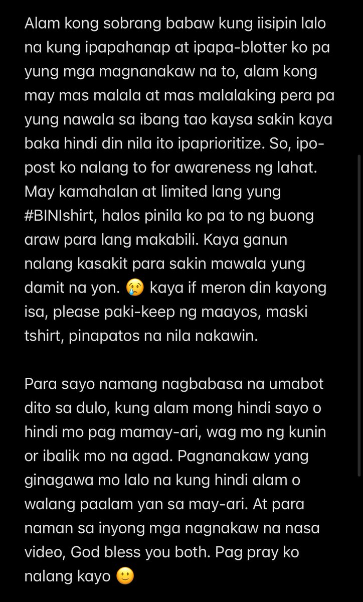 venusmahal01's tweet photo. MISSINGโผ๏ธ BINI Shirt #733
Po-post ko nalang to for awareness sa blooms na may merch. God bless sa inyong dalawang nagnakaw. Hindi kayo nakaka-ayeable. ๐ #BINIshirt #BINImerch https://t.co/tLbaZePVMM