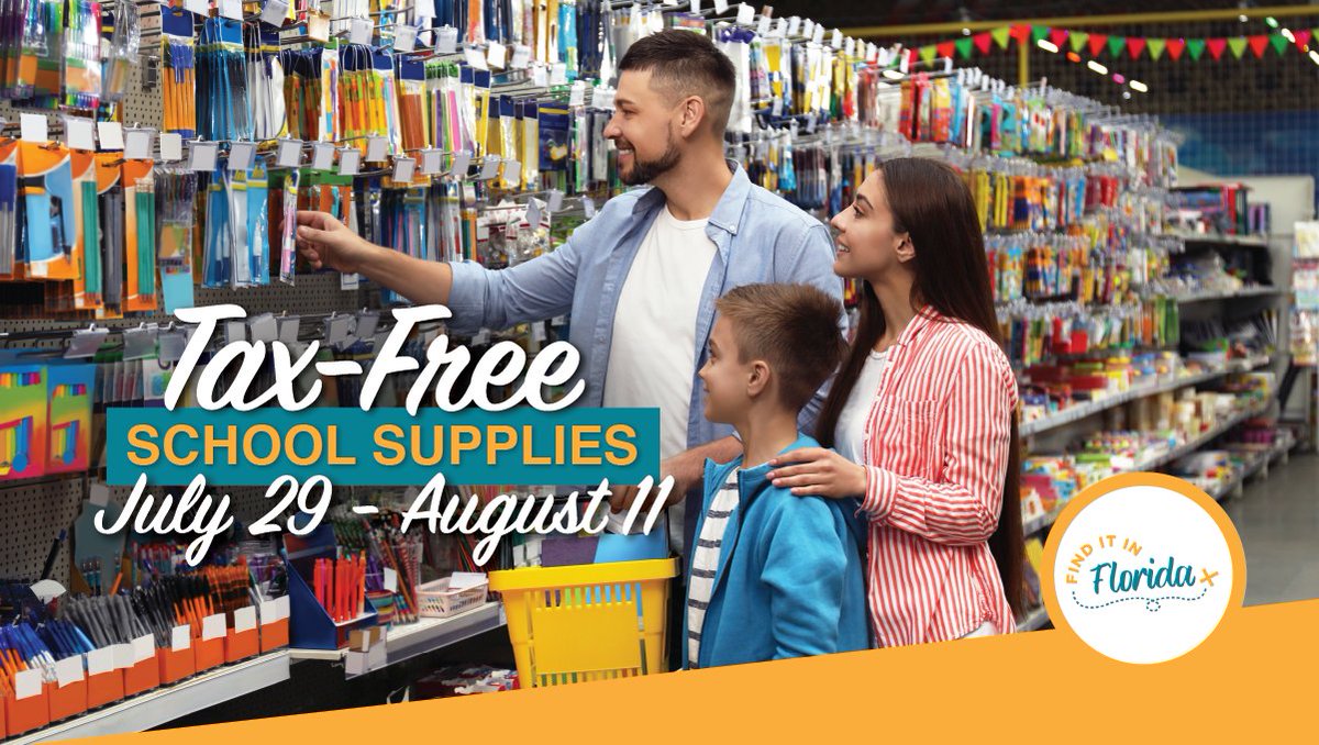 FloridaRetail's tweet photo. The Florida Legislature has renewed Florida’s annual Back-to-School Sales Tax Holiday this year. 
Beginning Monday, July 29, Floridians can shop tax-free on school supplies through August 11. Remember to shop local and #FindItInFlorida. https://t.co/VqAjc54Fxs