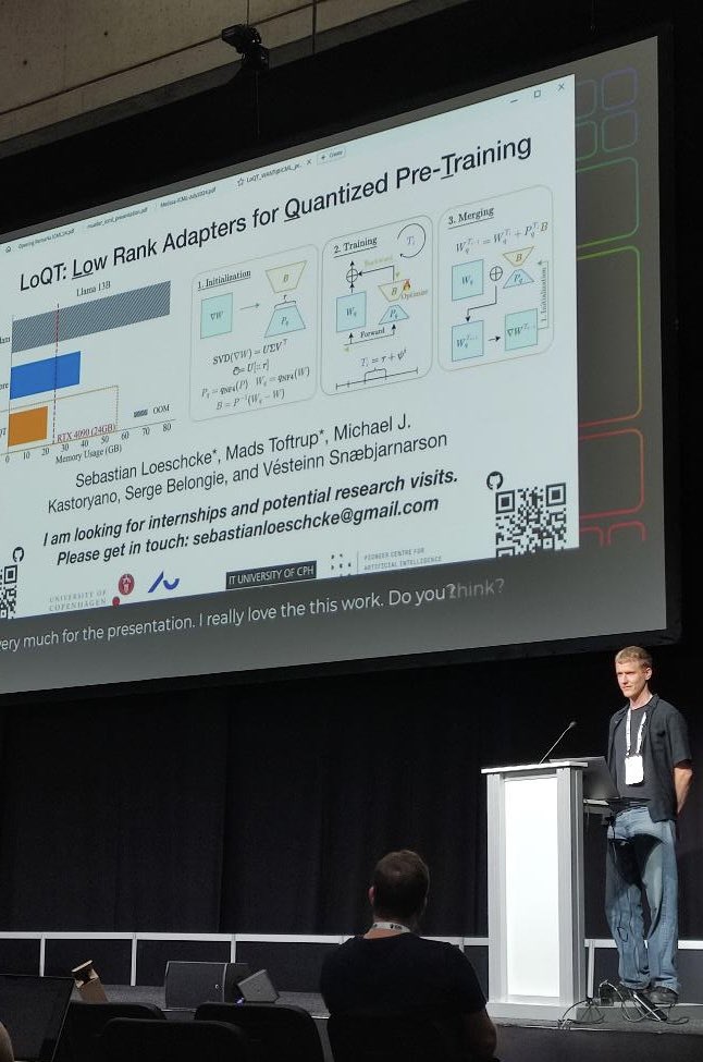Thanks WANT@ICML for awarding our paper 𝐿𝑜𝑄𝑇: 𝐿𝑜𝑤 𝑅𝑎𝑛𝑘 𝐴𝑑𝑎𝑝𝑡𝑒𝑟𝑠 𝑓𝑜𝑟 𝑄𝑢𝑎𝑛𝑡𝑖𝑧𝑒𝑑 𝑃𝑟𝑒-𝑇𝑟𝑎𝑖𝑛𝑖𝑛𝑔 the 𝐁𝐞𝐬𝐭 𝐏𝐚𝐩𝐞𝐫 𝐀𝐰𝐚𝐫𝐝!

Happy to share this award with <a href="/mabeto5p/">Mads Toftrup</a>, <a href="/mjkastoryano/">Michael Kastoryano</a>, <a href="/SergeBelongie/">Serge Belongie</a>, <a href="/vesteinns/">Vésteinn Snæbjarnarson</a>

@ICML2024 <a href="/icmlconf/">ICML Conference</a>