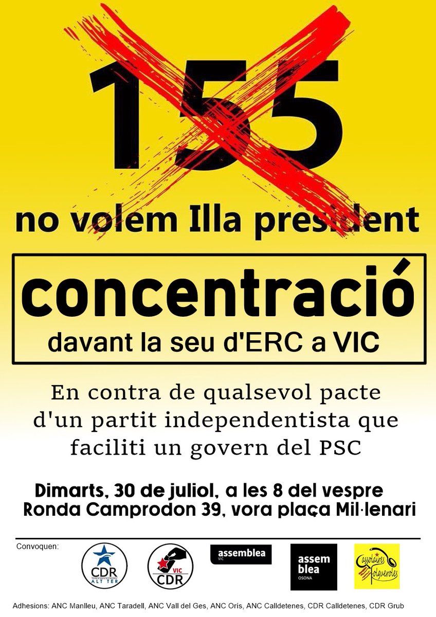 CDRepublicaVic's tweet photo. 🔴No volem que la Generalitat estigui a les mans d'un unionista pro-155 que s'ha manifestat de bracet de SCC, PP, Ciudadanos i Vox. Facilitar-ne la investitura seria trair el país. Mobilitzem-nos-hi en contra! ✊

📍Dimarts 30 a les 20h davant la seu d'ERC Vic

#155NiOblitNiPerdó https://t.co/TqtcasQzky