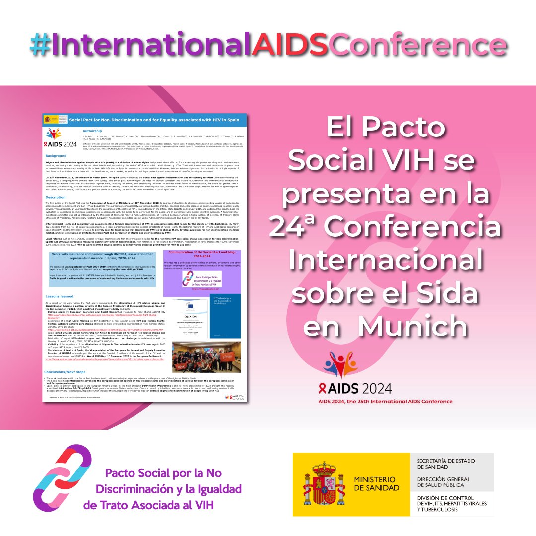 AIDS 2024,  25ª Conferencia Internacional sobre el Sida  ha tenido lugar en Munich y finalizó ayer. Se ha presentado el póster "Pacto Social por la No Discriminación y por la Igualdad asociadas al VIH en España".