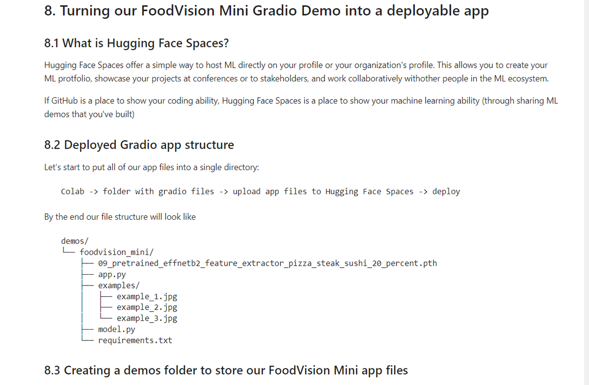nabin_yd_'s tweet photo. Day 57: Turned our FoodVision Mini Gradio Demo into a deployable app. Learned about Hugging Face Spaces, structured and created necessary files, and successfully deployed our app to Hugging Face. 

#LSPPDay57 #60DaysOfLearning2024 #LearningWithLeapfrog @lftechnology https://t.co/GUVcWsVDXX