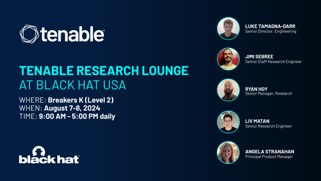 1Ivango1's tweet image. This year at #BHUSA, the #TenableResearch team is proud to be hosting our first Tenable Research Lounge. Meet members of the teams behind the research and data that drives capabilities like Vulnerability Intelligence and Zero-Day research.