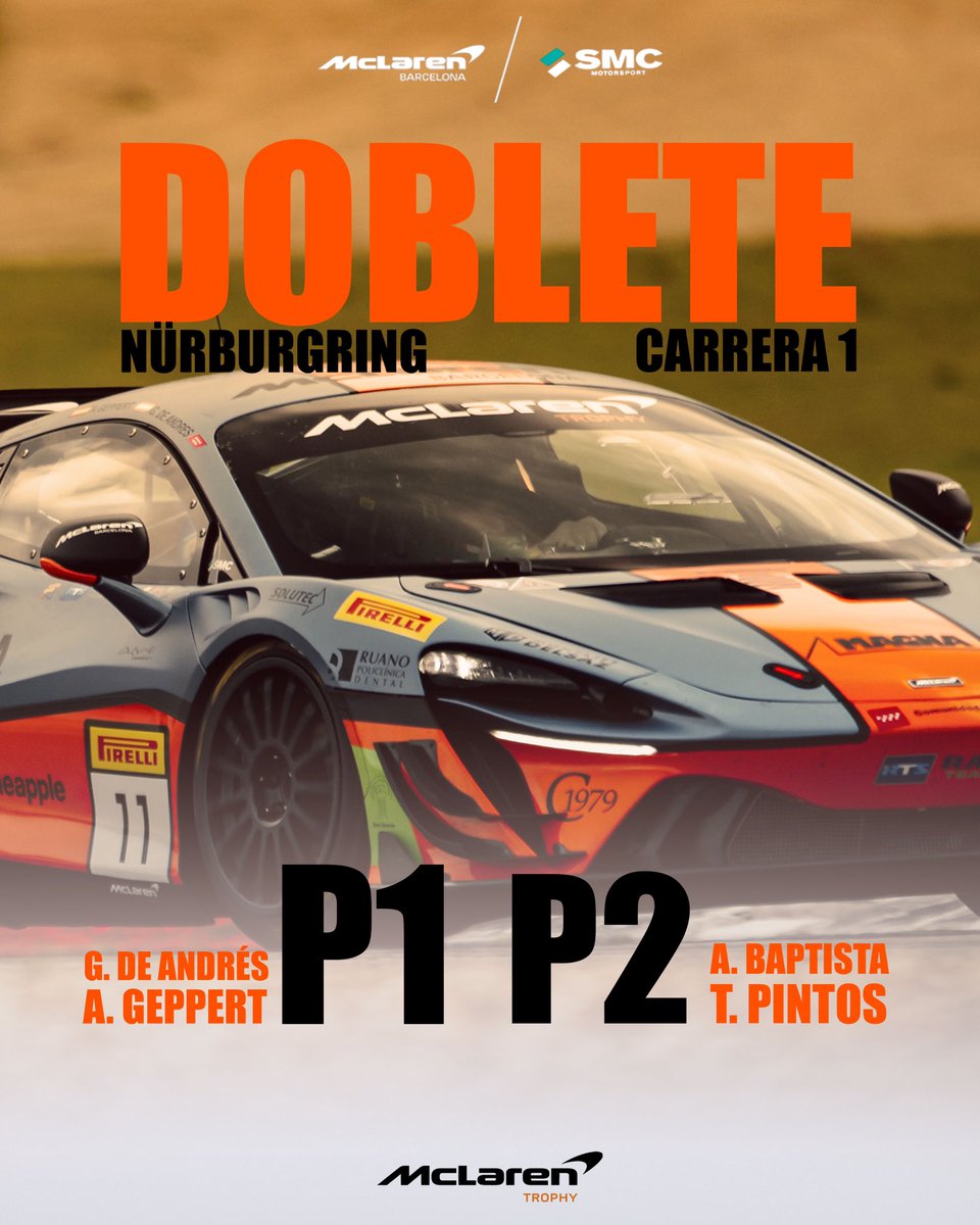 SmcMotorsport's tweet photo. Primer doblete en la Hª del #mclarentrophy con la 3ª victoria de 2024 para @GonzalodeAndres y A.Geppert, acompañados en el segundo cajón del podio por @tommypintos y A.Baptista + Ellis y Halsig en P4 Artura 👊🏻 #McLarenCustomerRacing #SMCMotorsport #McLarenBarcelonaSMCMotorsport https://t.co/S16N49RkQk