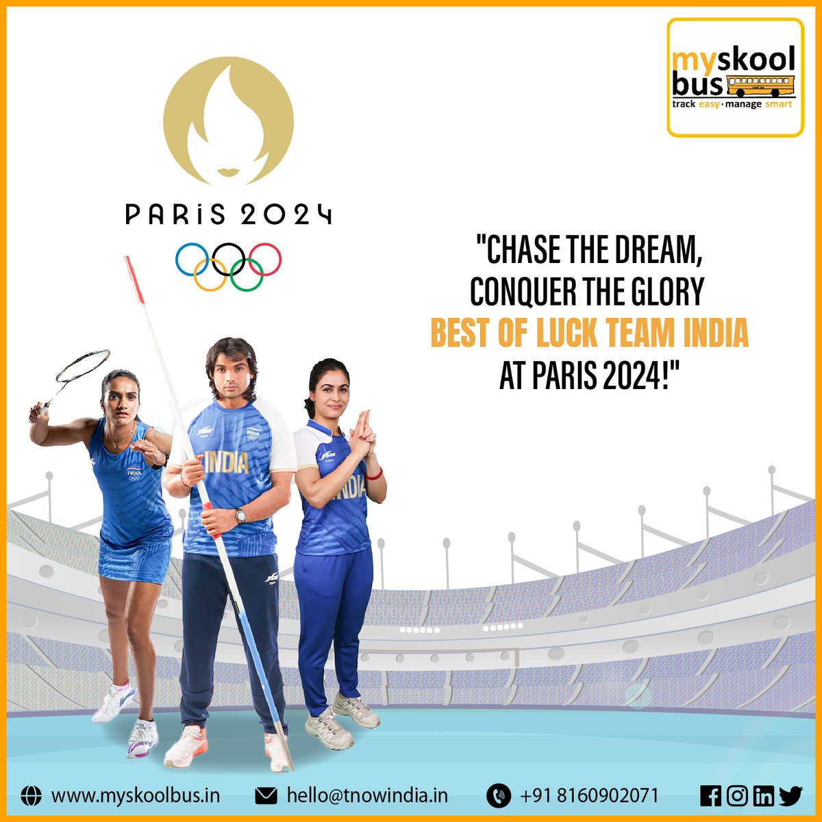myskoolbus's tweet image. PARIS Olympics 2024 "Chase the dream, conquer the glory! Best of luck to Team India at Paris 2024. Your hard work and dedication will lead to victory. We're cheering for you!" - From @myskoolbus 

@myskoolbus :- lnkd.in/d5CzRqms 
#tracknow #parisolympics2024 #teamindia