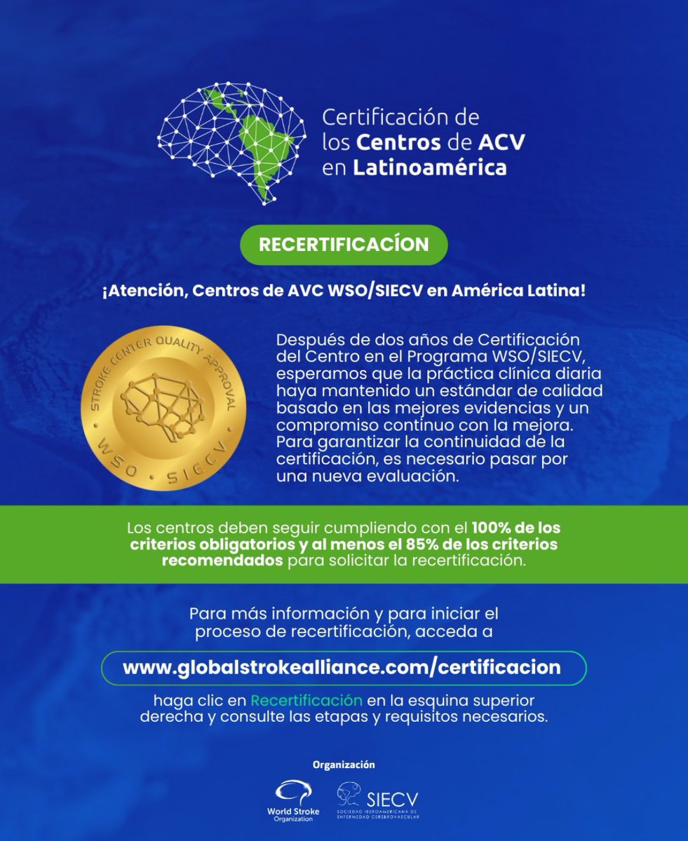 🚨RECERTIFICACION 🚨

El objetivo de la Certificación es basar la práctica clínica en la mejor evidencia disponible y bajo altos estándares de calidad

⏰Después de 2 años de haber sido Certificados es necesario pasar por una nueva evaluación 

👉🏻globalstrokealliance.com/certificacion