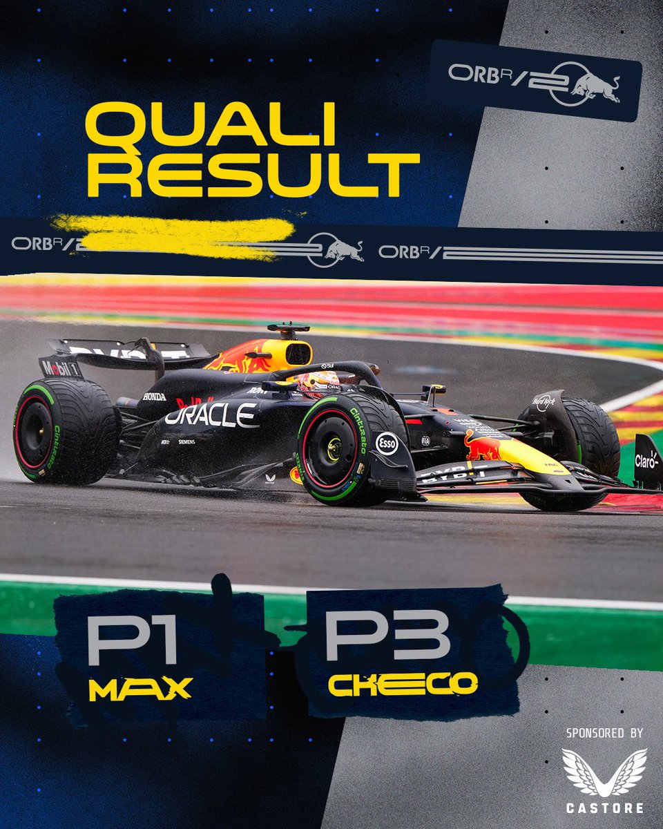 redbullracing's tweet photo. Both bulls qualified in the top 3! 💪

Checo will start in P2 tomorrow and Max in P11.  #BelgianGP https://t.co/q9YqWnggnn