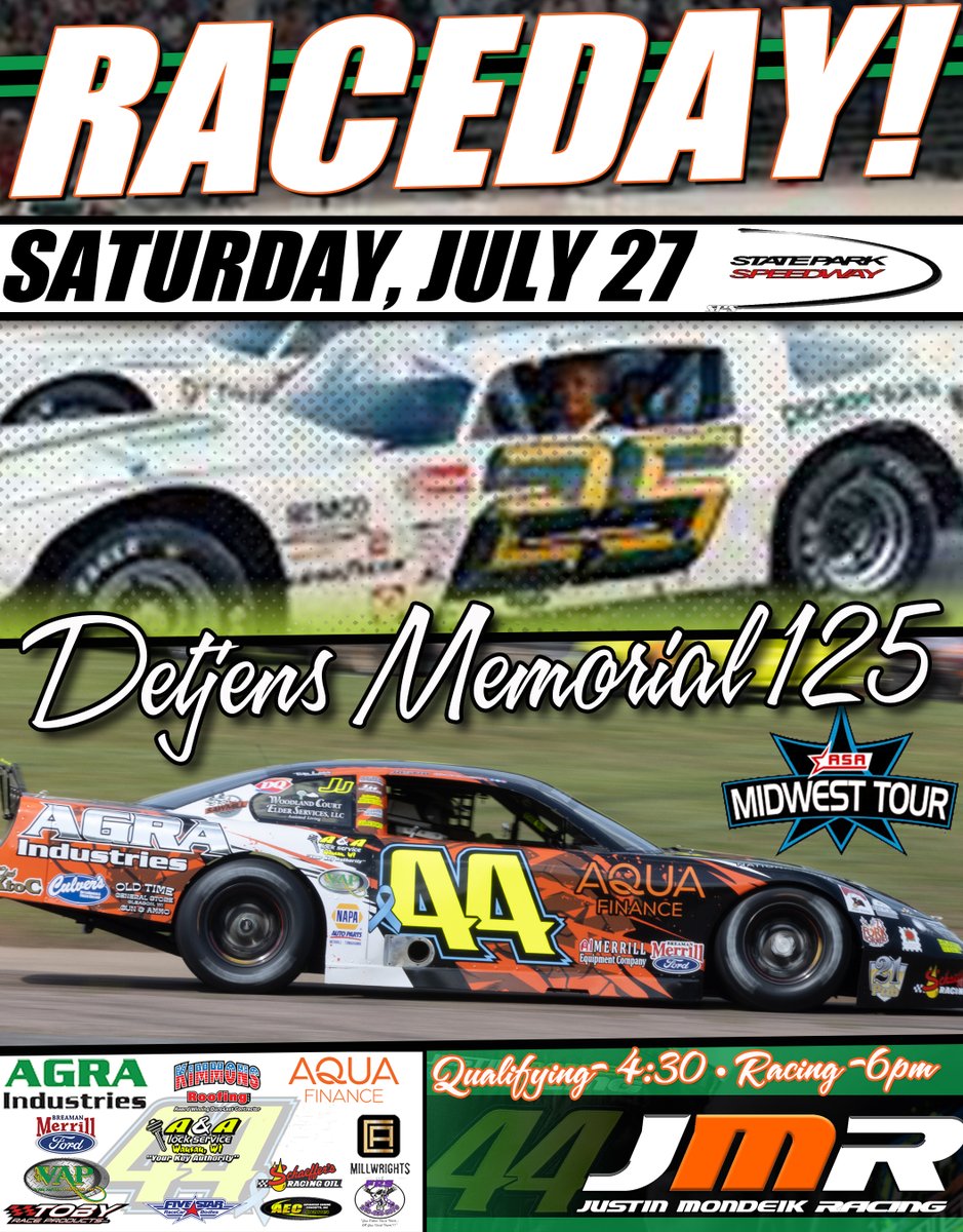 D E T J E N S RACEDAY!

One of our biggest races of the year, right in our backyard. C'mon out to State Park Speedway tonight for the Midwest Tour Detjens Memorial. It's going to be a great night of racing!

Qualifying 4:30 • Racing 6 pm
📺 Midwesttour.tv