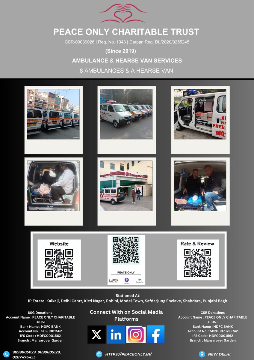 Trust_PeaceOnly's tweet photo. @Trust_PeaceOnly was formed in June 2019 to safely transport patients and give a respectful last journey to the departed souls.

🚑Providing Free Ambulance &amp; Hearse Van Services 24/7.

📲Call us: 9899805029, 9899805129, 8287476453

📩Mail us for Queries: info@peaceonly.in https://t.co/zG2A6ZmA5l