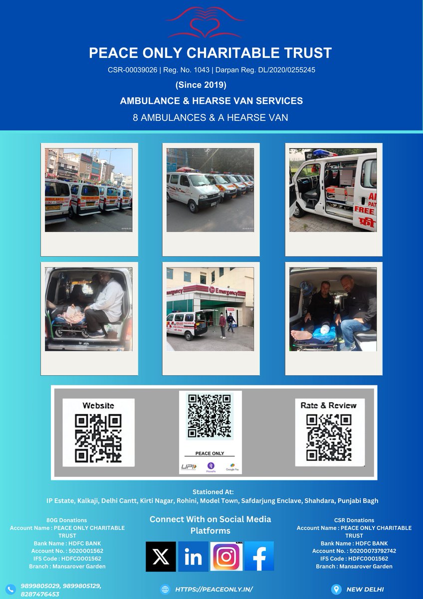 Trust_PeaceOnly's tweet photo. @Trust_PeaceOnly was formed in June 2019 to safely transport patients and give a respectful last journey to the departed souls.

🚑Providing Free Ambulance &amp; Hearse Van Services 24/7.

📲Call us: 9899805029, 9899805129, 8287476453

📩Mail us for Queries: info@peaceonly.in https://t.co/Do8DSzAZi4