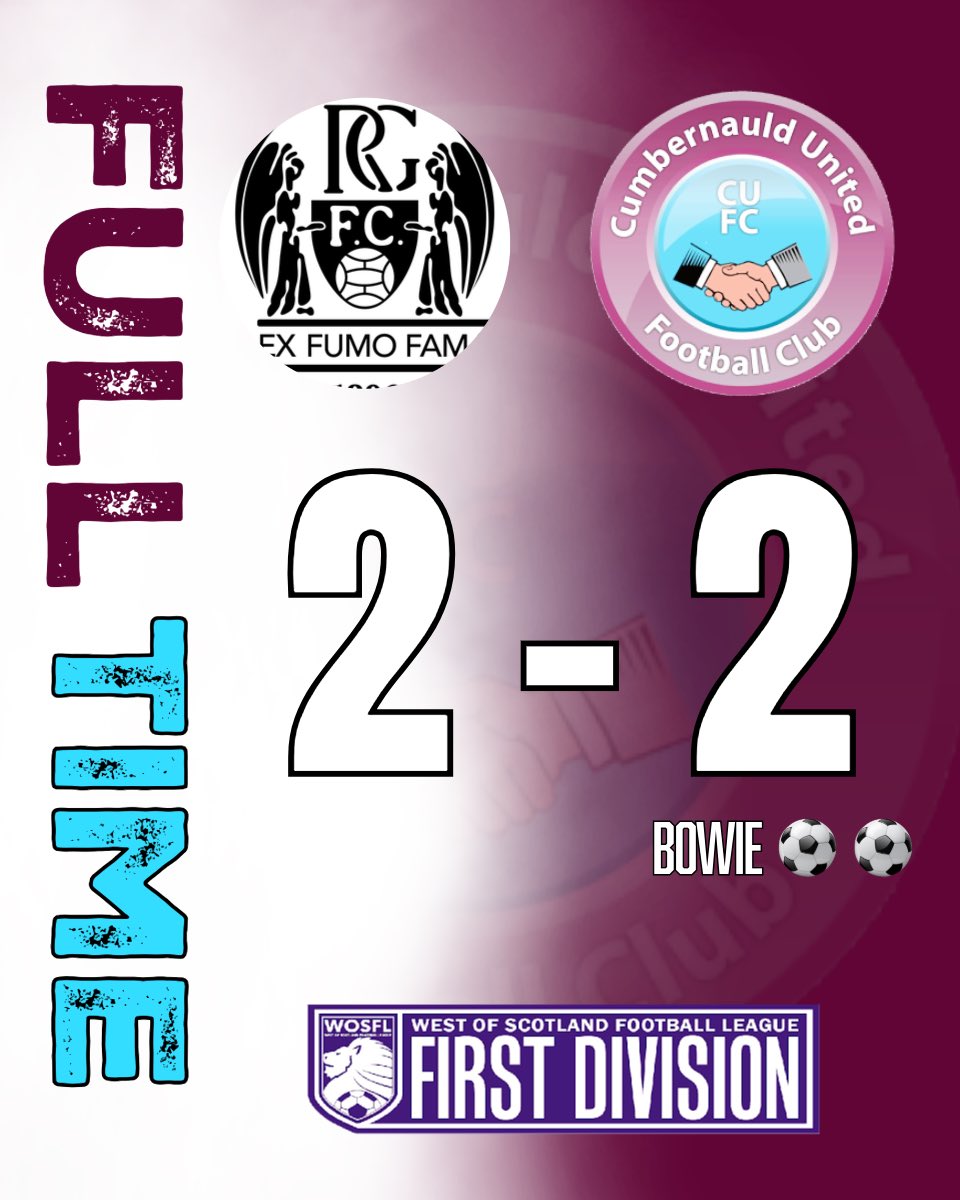 FULL TIME

Our first game back in WOSFL Div 1 ends in a draw. 

Final Score: 

Cumbernauld United - 2
Rutherglen Glencairn - 2

Goals:

Bowie ⚽️⚽️