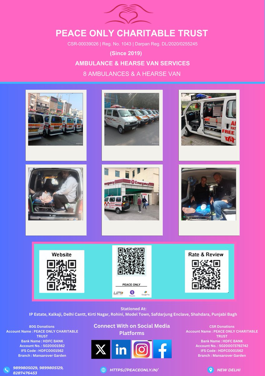 Trust_PeaceOnly's tweet photo. @Trust_PeaceOnly was formed in June 2019 to safely transport patients and give a respectful last journey to the departed souls.

🚑Providing Free Ambulance &amp; Hearse Van Services 24/7.

📲Call us: 9899805029, 9899805129, 8287476453

📩Mail us for Queries: info@peaceonly.in https://t.co/lnb0Ahh7ov