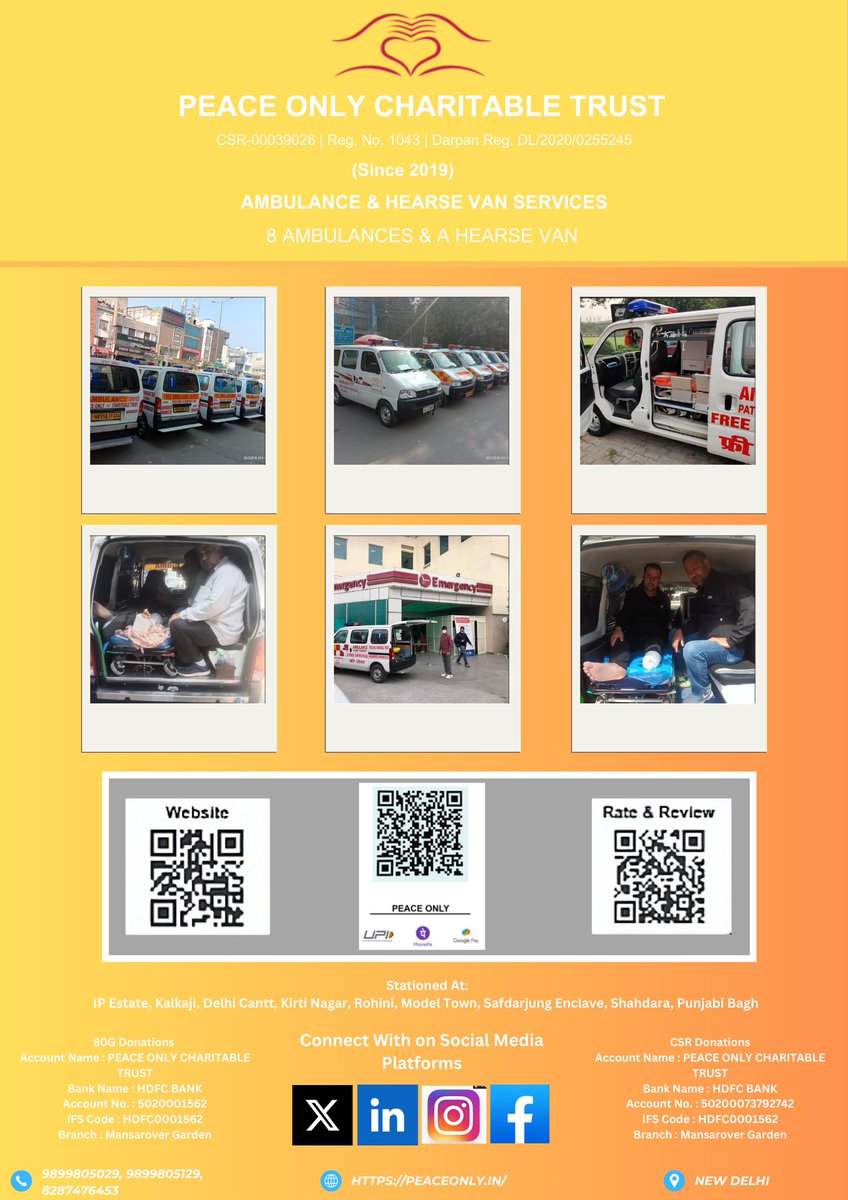 Trust_PeaceOnly's tweet photo. @Trust_PeaceOnly was formed in June 2019 to safely transport patients and give a respectful last journey to the departed souls.

🚑Providing Free Ambulance &amp; Hearse Van Services 24/7.

📲Call us: 9899805029, 9899805129, 8287476453

📩Mail us for Queries: info@peaceonly.in https://t.co/3Os0vlhYpv