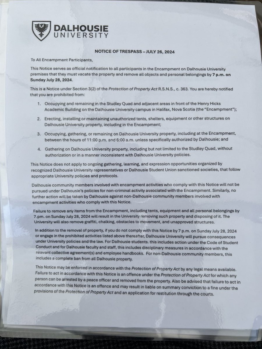 Dalhousie has issued a notice of trespass to Al Zeitoun University campus. They demand the students leave by 7pm Sunday. Students have issued a call to gather at 6:30PM on Sunday in solidarity.