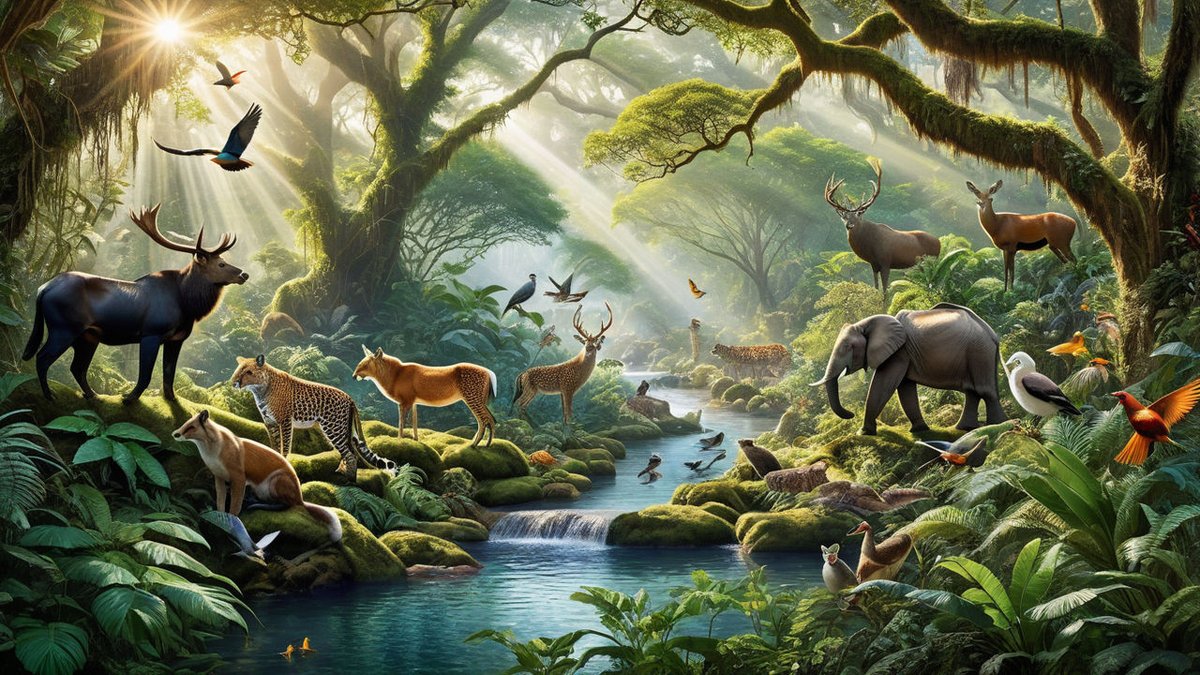 SaveNatureToday's tweet photo. A vibrant tapestry of various animals coexisting harmoniously in a lush, overgrown forest, sunlight filtering through the dense canopy, different species interacting with one another, birds perched on delicate branches, and a lazy river winding through the scene.
#SaveTheNature https://t.co/qOOZR02Ez8