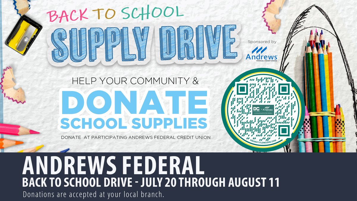 At Andrews Federal, we are passionate about education and fully support our local teachers and students. Join us in our mission to equip them with essential school supplies by exploring further details on our website! 

Click here to learn more: bit.ly/3LEQgbF