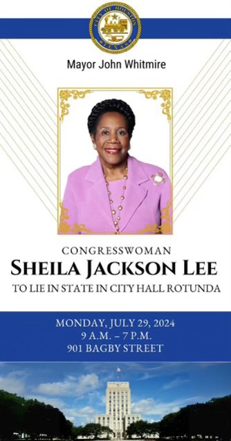 HoustonTX's tweet image. Congresswoman Sheila Jackson Lee to be bestowed the highest honor of lying in state at Houston City Hall in recognition of her significant contributions to the City of Houston and her dedicated service to her constituents. To read more, go to houstontx.gov/moc/2024/sheil…