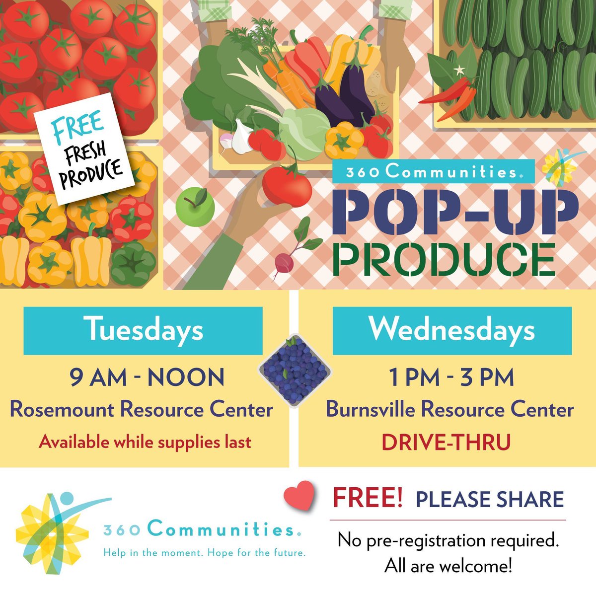 FREE Pop-Up Produce at 360 Communities! Rosemount Resource Center 9am - noon on Tuesdays, and Burnsville Resource Center 1-3pm on Wednesdays. No pre-registration is required. All are welcome! Locations: 360communities.org/resources/food… 

#HelpInTheMoment #HopeForTheFuture @dakotacountymn