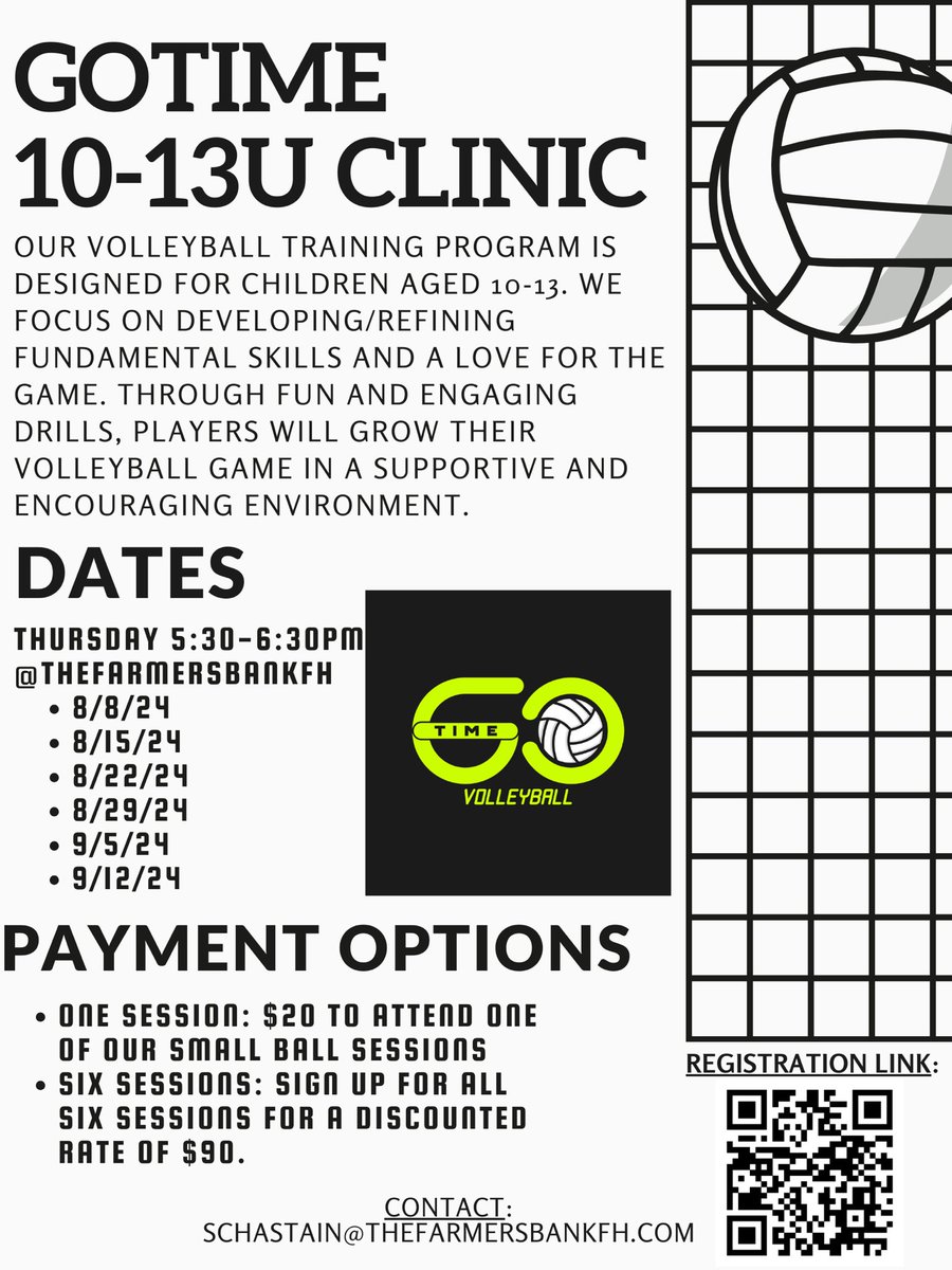 Sign up for GoTime Volleyball clinics for ages 10-13! We are so excited to welcome athletes into the gym! 

Location: The Farmers Bank Fieldhouse 
645 Fieldhouse Way, Lebanon, Indiana 

Registration link:
lebanonfh.leagueapps.com/leagues/volley…