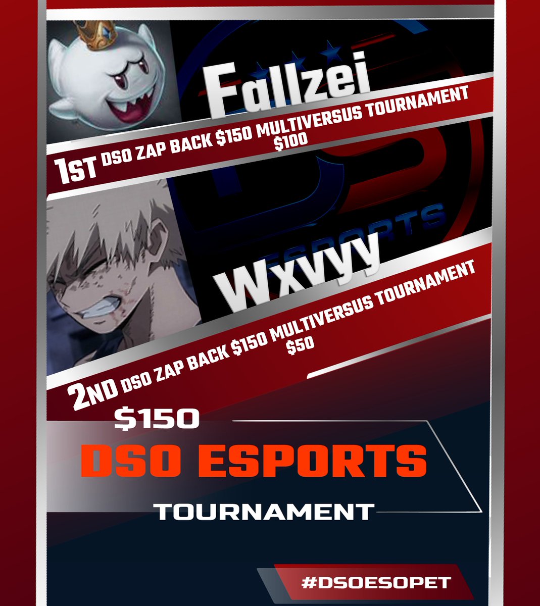 A huge shoutout to our two winners for the DSO ZAP BACK $150 MULTIVERSUS TOURNAMENT! You guys did an amazing job, and we look forward to seeing you in the next one. Congratulations on your winnings!

<a href="/oFallzei/">Fallzei</a> | $100
<a href="/wxvyyMVS/">wxvyy</a> | $50

#DSOZAPBACK #GGNEXT #Hashira柱 #mvs