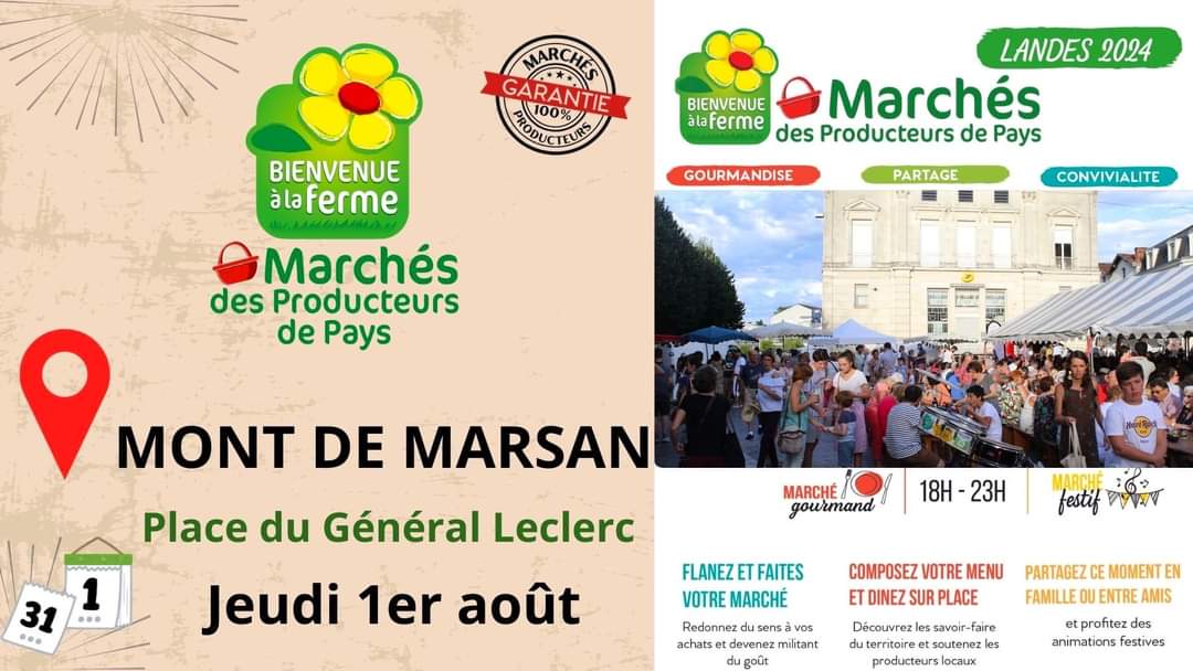 EcoLandes (@eco_landes) on Twitter photo "#Marché des producteurs de pays", jeudi 1er août de 18h à 23h Place de la Mairie à #MontdeMarsan : montdemarsan-tourisme.com/offres/marche-…
<a href="/Bienvenueferme/">Bienvenue à la ferme France</a> #Landes "#Marché des producteurs de pays", jeudi 1er août de 18h à 23h Place de la Mairie à #MontdeMarsan : montdemarsan-tourisme.com/offres/marche-…
<a href="/Bienvenueferme/">Bienvenue à la ferme France</a> #Landes