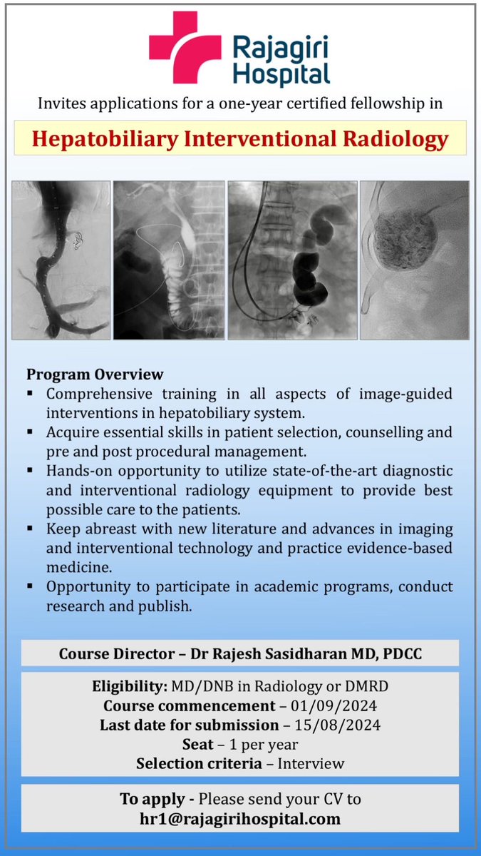Thrilled to announce the launch of our fellowship program in Hepatobiliary Interventional Radiology at the Center of Excellence in GI Sciences at Rajagiri Hospital, Kochi, Kerala.

More details in the poster below.