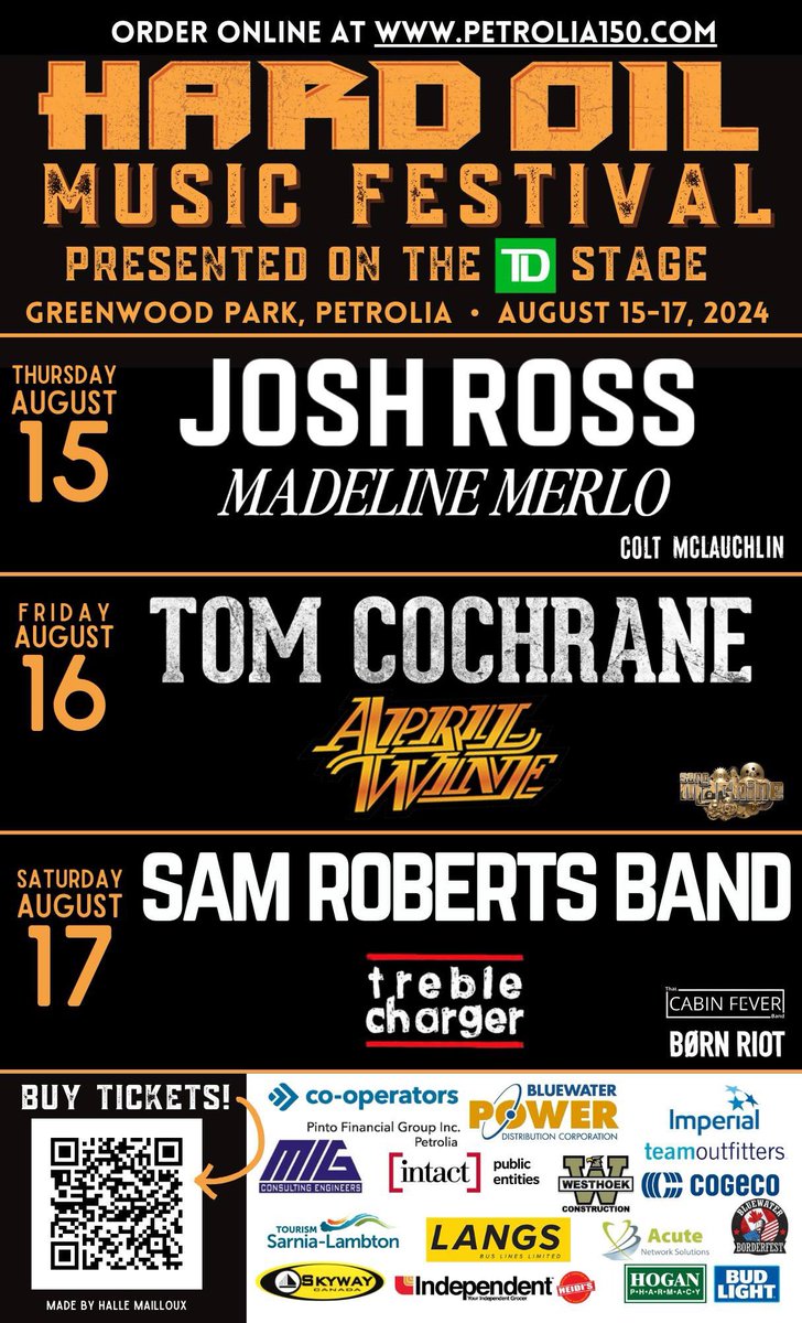 We're excited to bring these artists to the TD Stage in Petrolia! Josh Ross , Tom Cochrane, Sam Roberts Band with special guests Madeline Merlo, April Wine, and Treble Charger and locals Colt McLauchlin, Song Machine Band, Cabin Fever, and BORN RIOT!
🎟  petrolia150.com