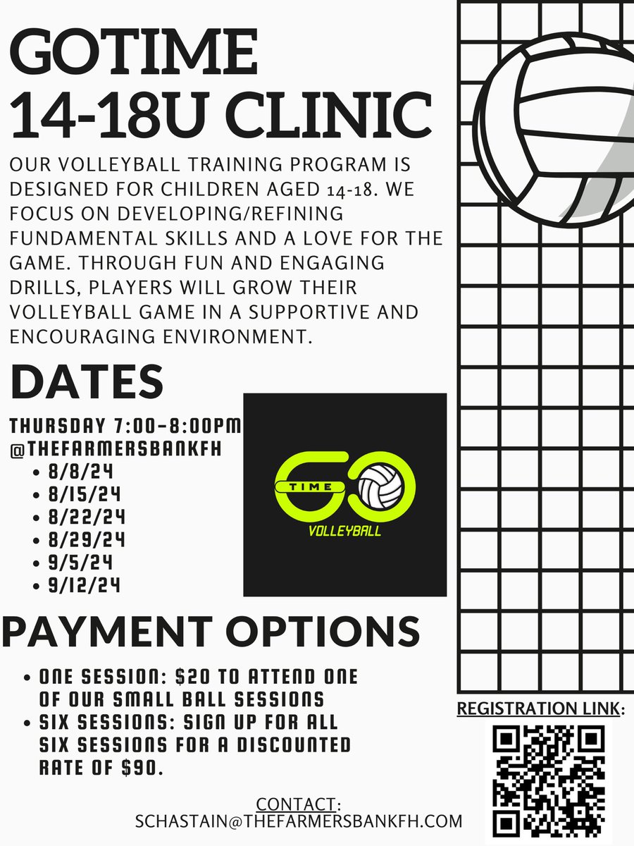 Sign up for GoTime Volleyball clinics for ages 14-18! We are so excited to welcome athletes into the gym! 

Location: The Farmers Bank Fieldhouse 
645 Fieldhouse Way, Lebanon, Indiana 

Registration link: lebanonfh.leagueapps.com/leagues/volley…