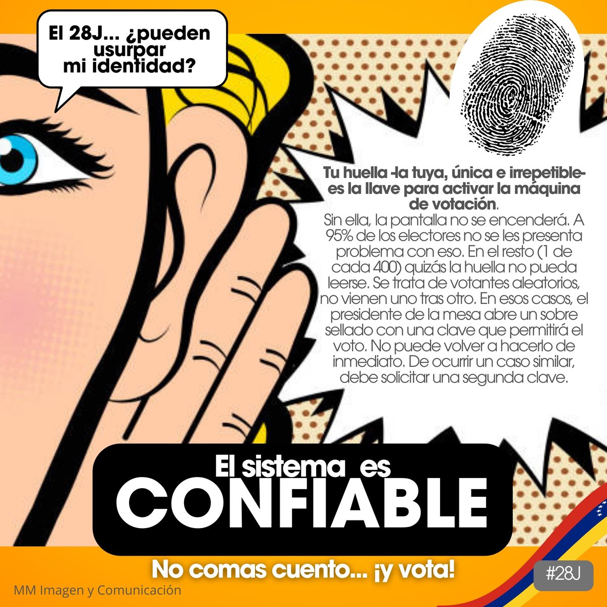 La usurpación de identidad vía sistema automatizado es un mito. Las máquinas se activan con tu huella, única e irrepetible, permitiendo que votes. El sistema biométrico es confiable, y nos protege contra la posibilidad de que otro vote por nosotros. #28J #EleccionesVenezuela