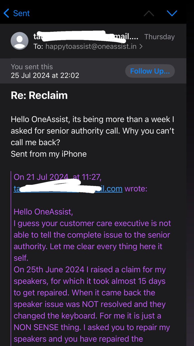 ChilhateTarul's tweet photo. From past 2 weeks I am asking senior authority of @oneassist_in to contact me for my claim regarding my Macbook, still not a single person contacted me. Experiencing worst service from them. https://t.co/7A5y8u3trd