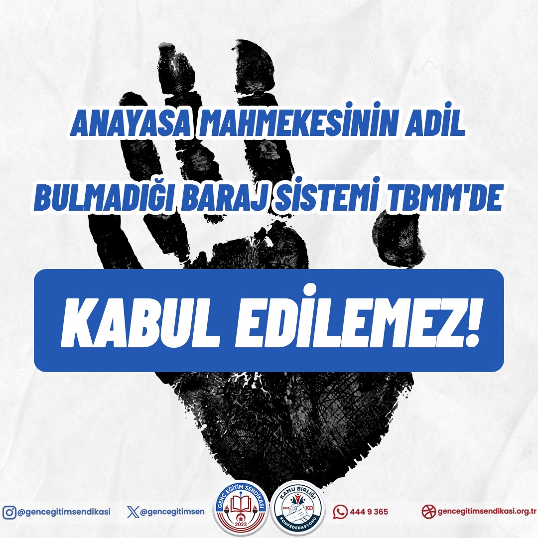 %2 barajında Anayasa Mahkemesi kanunun maddesini eşitlik ilkesine aykırı ve hak ihlali olması gerekçesiyle iptal etmişti, yine aynı karar alındı. Bu hak ihlali ve eşitlik ilkesine aykırı değil mi⁉️ sendikalarda baraj derhal kaldırılmalıdır‼️

<a href="/tcmeb/">Millî Eğitim Bakanlığı</a>
<a href="/TBMMresmi/">TBMM</a>
#SendikamaDokunma