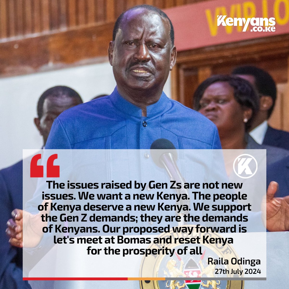 Kenyans's tweet photo. The issues raised by Gen Zs are not new issues. Our proposed way forward is let's meet at Bomas and reset Kenya - Raila Odinga https://t.co/YP8LhURrFt