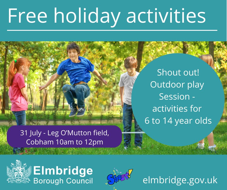 Are your children ready for some free summer fun? They can drop by our Shout out! play sessions for 6–14-year-olds and get involved in a variety of activities. No booking - just come along. Meet at Leg O’Mutton field #Cobham on 31 July. See you there! ow.ly/mTBt50SEtgR