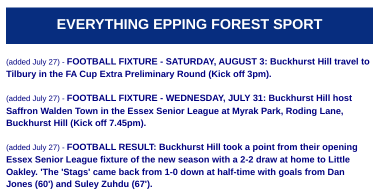 eefsport's tweet photo. SPORTS NEWS: Everything Epping Forest has a new Sports section which is on all news articles.

Get your club's news, match previews and results featured.

Email your club's updates to everythingeppingforest@gmail.com or text 07710 447868. https://t.co/SIP14ZWVq0
