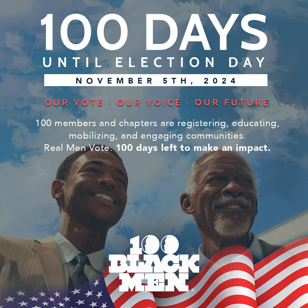 100BlackMenofP1's tweet photo. Sunday marks 100 Days before the election, we want to use this milestone to ask you join us in our efforts to 🗳️ Register, 📚Educate, 💪🏾Engage, and 🚀Mobilize as many eligible voters as possible.
#100DaysToVote #RealMenVote2024 #100BlackMen https://t.co/kZdopcbiWD