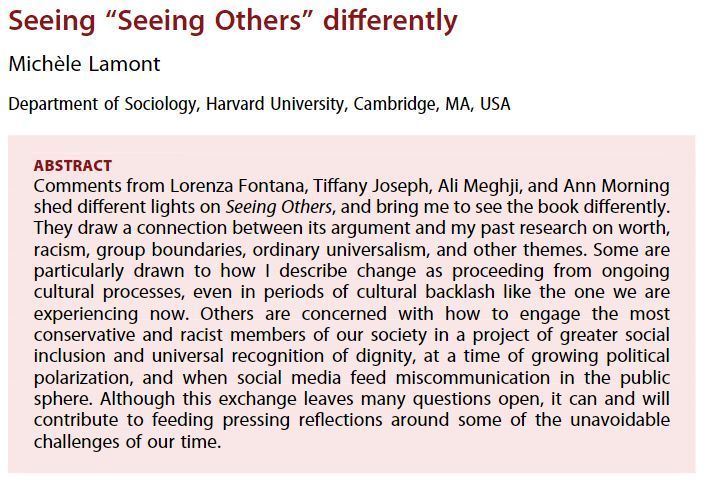 ERSjournal's tweet image. #ERSSymposium

@mlamont6 responds to essays in ERS on #SeeingOthers, feeling seen by these four essays, she talks about how she now sees 'Seeing Others' differently. 

You can read this response here: doi.org/10.1080/014198…