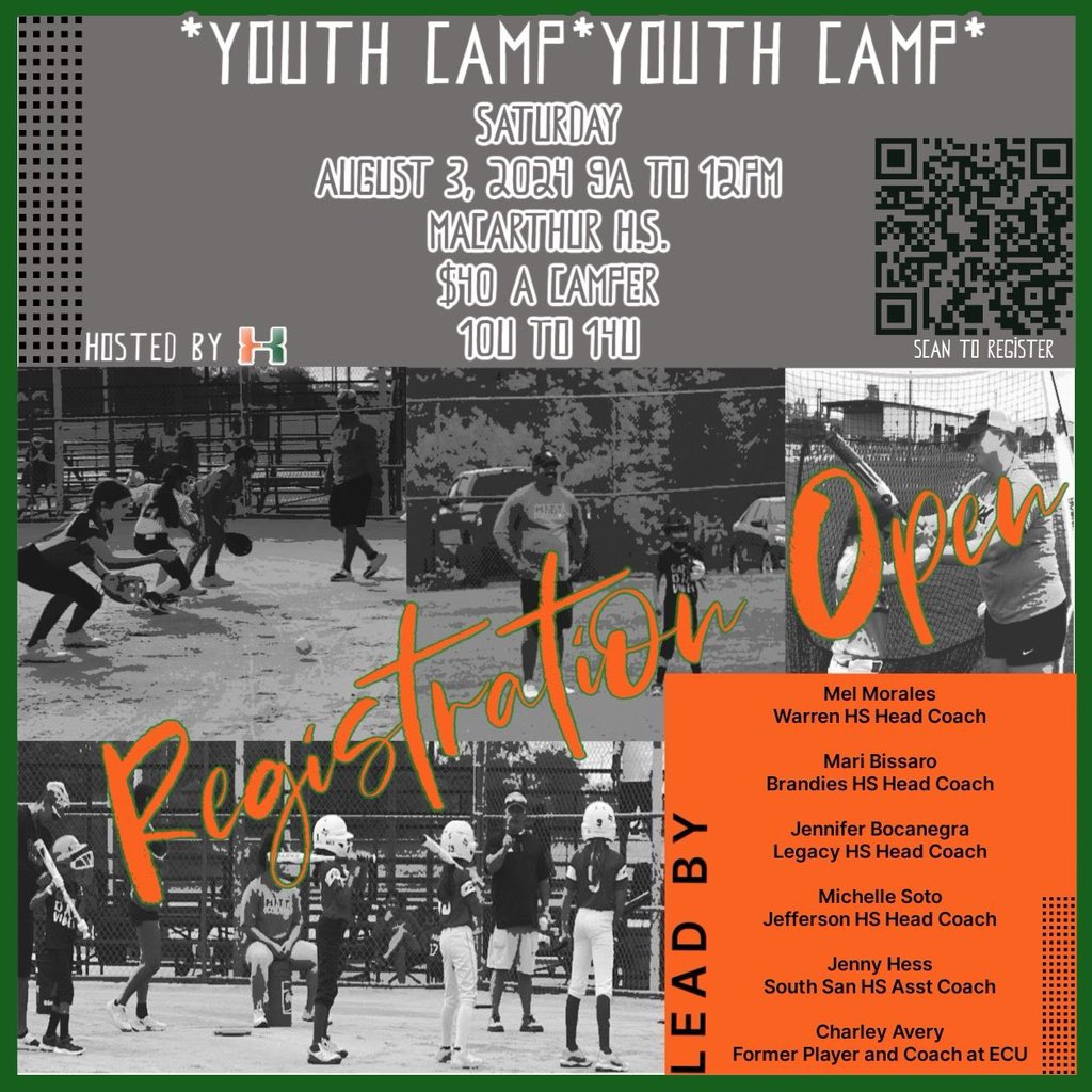 Reminder! 

🚨Youth Camp Opportunity!🚨
OPEN TO ALL 10U TO 14U PLAYERS

Saturday, August 3, from 9a to 12pm
at MacArthur H.S. Softball Field
2923 MacArthur View, San Antonio, TX 78217

Follow the link to register today! 
forms.gle/NRt6p4SEP32VbQ…