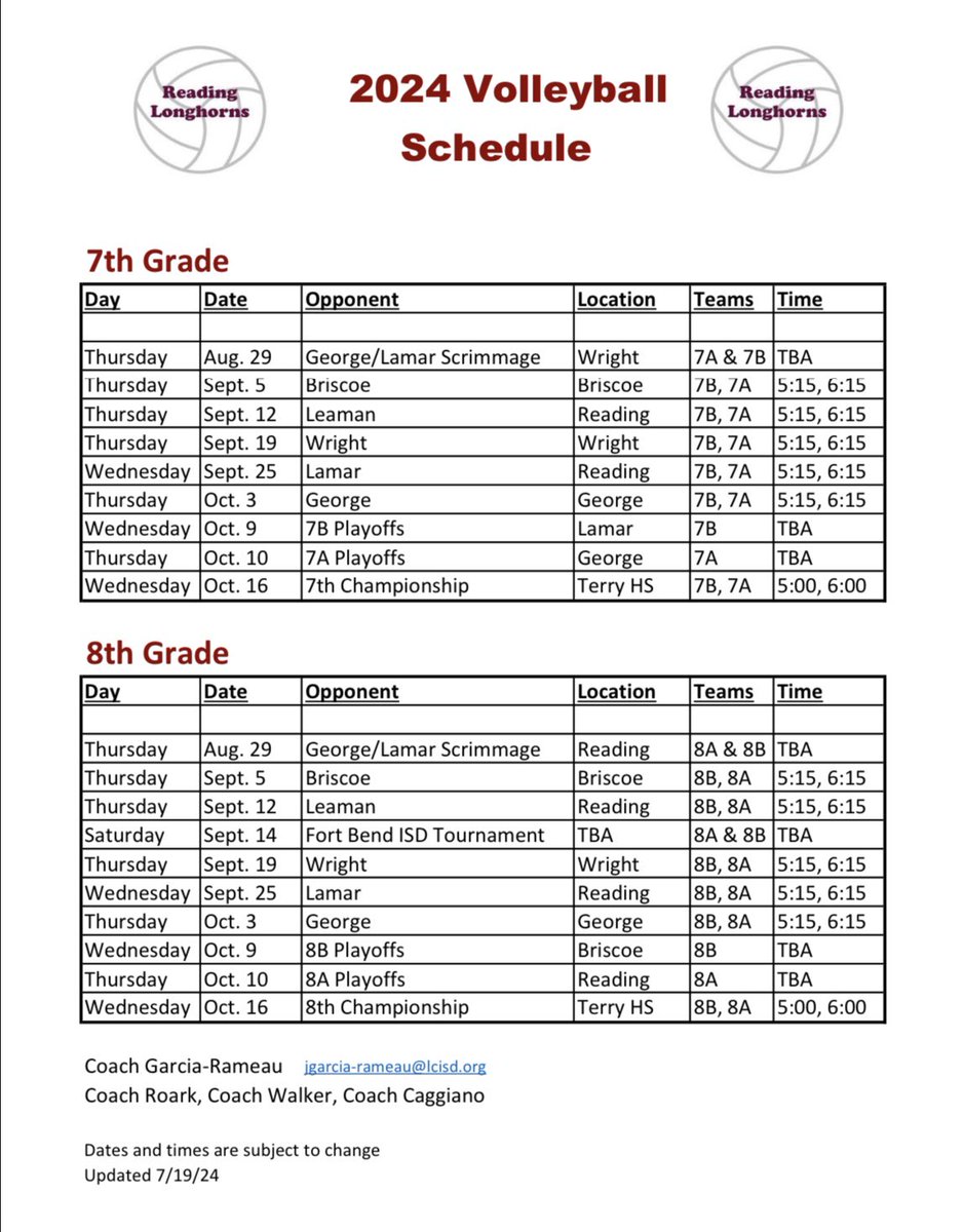 Reading Girls Athletics (@rjhgirlsath) on Twitter photo Volleyball tryout information and schedule! Only 18 days away!!🏐
<a href="/RJHlonghorns/">Reading Junior High</a> <a href="/ARJHathletics/">Reading JH Boys Athletics</a> <a href="/GRHS_Volleyball/">GR Volleyball</a> <a href="/CoachADutch/">Coach Alicia Dutch</a> Volleyball tryout information and schedule! Only 18 days away!!🏐
<a href="/RJHlonghorns/">Reading Junior High</a> <a href="/ARJHathletics/">Reading JH Boys Athletics</a> <a href="/GRHS_Volleyball/">GR Volleyball</a> <a href="/CoachADutch/">Coach Alicia Dutch</a>