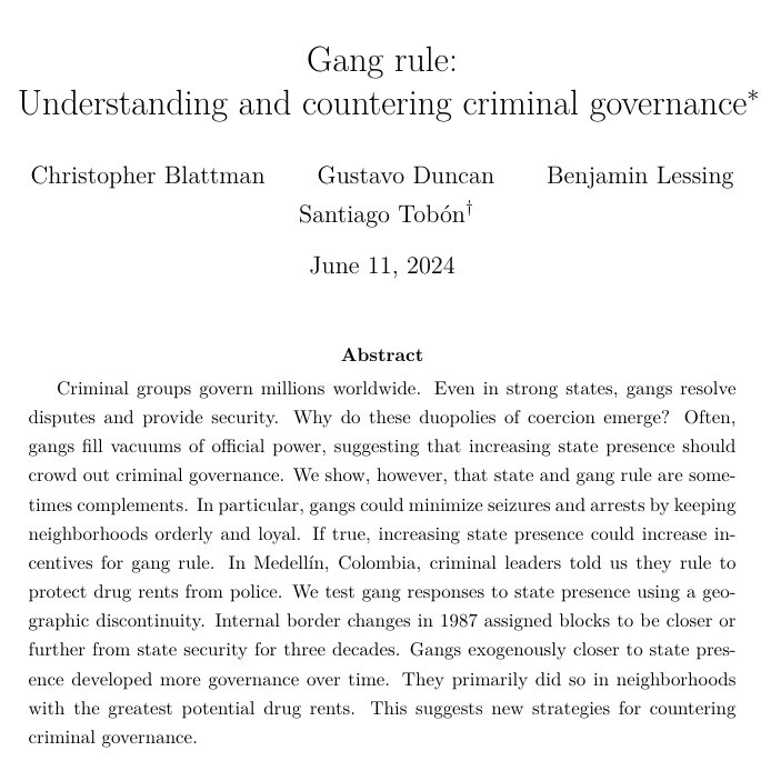State and gang rule are sometimes complements in security provision and dispute solving. In Medellín, Colombia, gangs exogenously closer to state presence in 1987 developed more governance over time, suggesting new ways to counter criminal governance.

1/2
👇