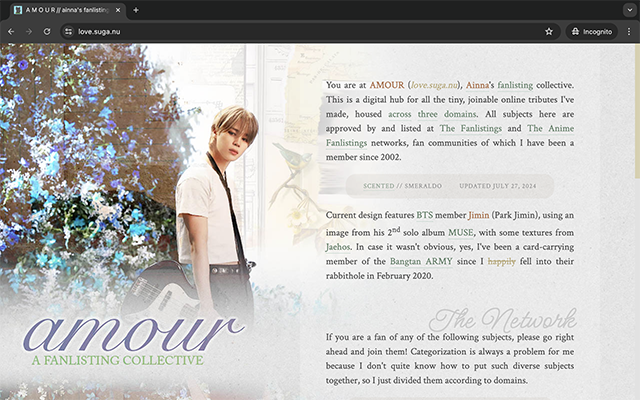 sugadotnu's tweet photo. Needed a refresh after half a year of radio silence, so I moved my fanlisting collective to https://t.co/igXppRcsad 🥰 It's now been rebranded as AMOUR~

Design still features Jimin since MUSE (https://t.co/KRKcPa595O) is out now! 🐣 https://t.co/35V0RpRsvg